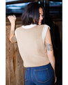 Oatmeal Woven Horseshoe Color Contrast Trim Sweater Vest - M