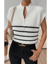 White Stripe Half Zip Split Stand Neck Sweater T-shirt - L