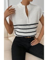 White Stripe Half Zip Split Stand Neck Sweater T-shirt - L