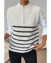 White Stripe Half Zip Split Stand Neck Sweater T-shirt - L