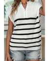 White Stripe Half Zip Split Stand Neck Sweater T-shirt - L
