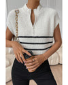 White Stripe Half Zip Split Stand Neck Sweater T-shirt - XL