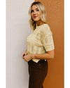 Beige Knitted Hollow out Short Sleeve Crop Sweater - L