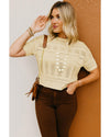 Beige Knitted Hollow out Short Sleeve Crop Sweater - L