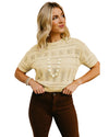 Beige Knitted Hollow out Short Sleeve Crop Sweater - L