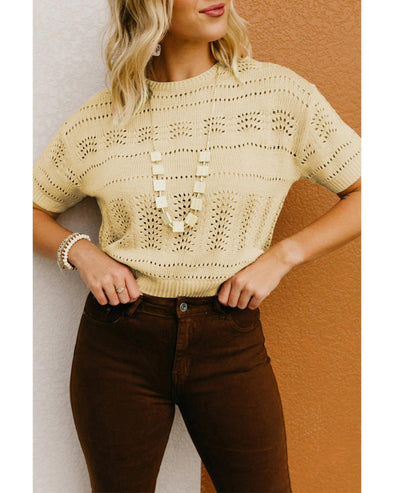 Beige Knitted Hollow out Short Sleeve Crop Sweater - XL