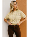 Beige Knitted Hollow out Short Sleeve Crop Sweater - XL