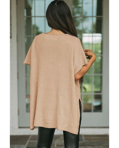 Apricot Short Sleeve Side Slit Oversized Sweater - XL