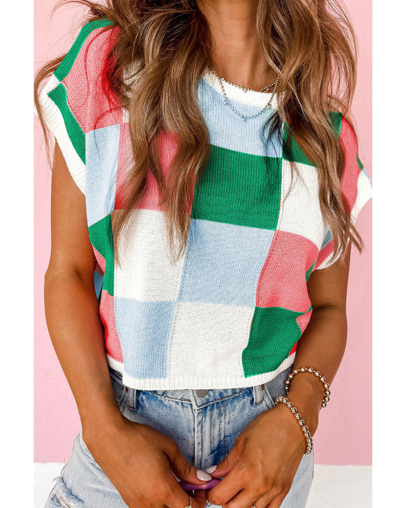 Dark Green Color Block Cap Sleeve Sweater - L