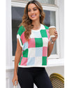 Dark Green Color Block Cap Sleeve Sweater - L