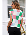 Dark Green Color Block Cap Sleeve Sweater - XL