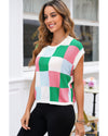 Dark Green Color Block Cap Sleeve Sweater - XL
