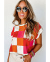 Fiery Red Color Block Cap Sleeve Sweater - L