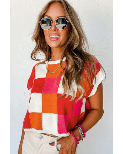 Fiery Red Color Block Cap Sleeve Sweater - L