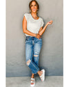 White Hollow Out Knit Cap Sleeve Sweater - XL