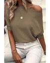 Coffee Round Neck Half Sleeve Ribbed Knit Top - XL