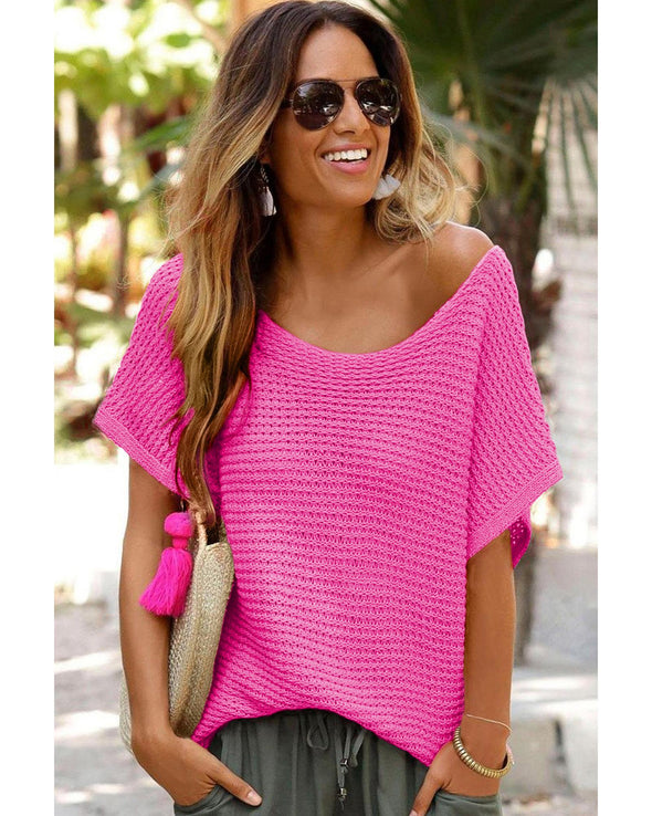 Pink Solid Loose Knit Short Dolman Sleeve Sweater - XL