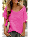 Pink Solid Loose Knit Short Dolman Sleeve Sweater - XL