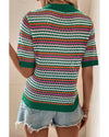 Dark Green Striped Pattern Contrast Trim Pointelle Knit T Shirt - S