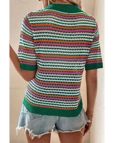 Dark Green Striped Pattern Contrast Trim Pointelle Knit T Shirt - S