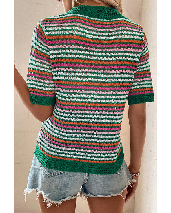 Dark Green Striped Pattern Contrast Trim Pointelle Knit T Shirt - S