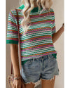 Dark Green Striped Pattern Contrast Trim Pointelle Knit T Shirt - S