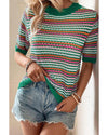 Dark Green Striped Pattern Contrast Trim Pointelle Knit T Shirt - S