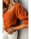 Gold Flame Textured Knit Bubble Sleeve Square Neck Top - L