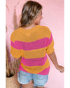 Orange Stripe Color Block Knitted T-shirt Sweater - L