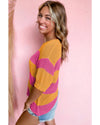 Orange Stripe Color Block Knitted T-shirt Sweater - M