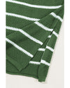 Green Stripe Henley Buttoned Placket Drop Shoulder Bracelet Sleeve Knit Sweater Tee - L