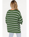 Green Stripe Henley Buttoned Placket Drop Shoulder Bracelet Sleeve Knit Sweater Tee - M
