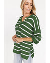 Green Stripe Henley Buttoned Placket Drop Shoulder Bracelet Sleeve Knit Sweater Tee - M
