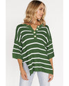 Green Stripe Henley Buttoned Placket Drop Shoulder Bracelet Sleeve Knit Sweater Tee - M
