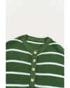 Green Stripe Henley Buttoned Placket Drop Shoulder Bracelet Sleeve Knit Sweater Tee - M