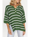 Green Stripe Henley Buttoned Placket Drop Shoulder Bracelet Sleeve Knit Sweater Tee - S