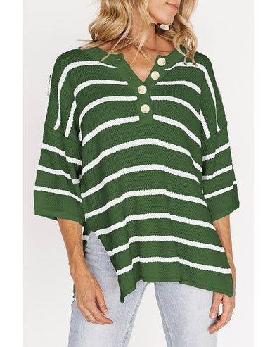 Green Stripe Henley Buttoned Placket Drop Shoulder Bracelet Sleeve Knit Sweater Tee - S