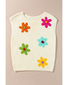 White Flower Crochet Round Neck Knitted Top - L