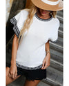 White Contrast Trim Round Neck Batwing Sleeve Knitted Top - L