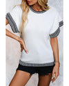 White Contrast Trim Round Neck Batwing Sleeve Knitted Top - L