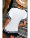 White Contrast Trim Round Neck Batwing Sleeve Knitted Top - L