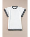 White Contrast Trim Round Neck Batwing Sleeve Knitted Top - L