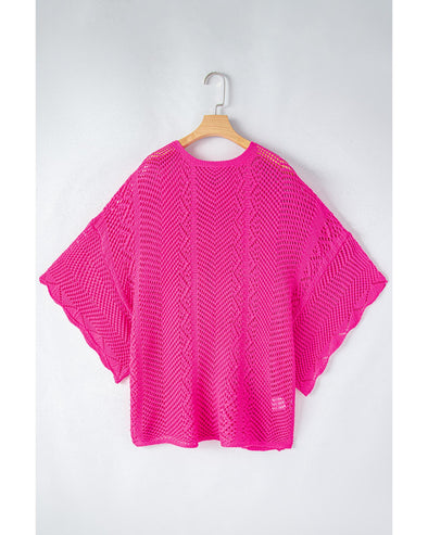 Rose Red Pointelle Knit Scallop Edge Short Sleeve Top - XL