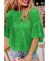 Green Pointelle Knit Scallop Edge Short Sleeve Top - L
