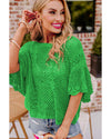 Green Pointelle Knit Scallop Edge Short Sleeve Top - L