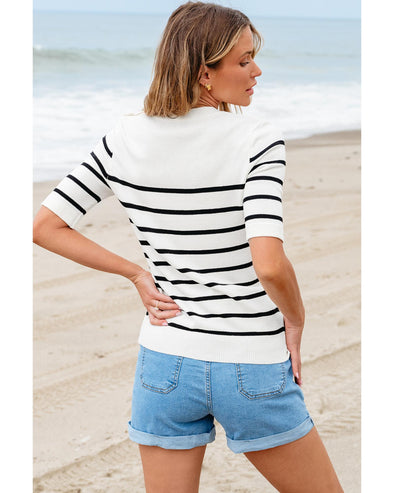 White Stripe Striped Half Sleeve Knitted Tee - L