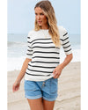 White Stripe Striped Half Sleeve Knitted Tee - L