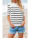 White Stripe Striped Half Sleeve Knitted Tee - L