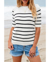 White Stripe Striped Half Sleeve Knitted Tee - L
