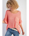 Fresh Salmon Rolled Cuffs Loose Knit Tee with Slits - L